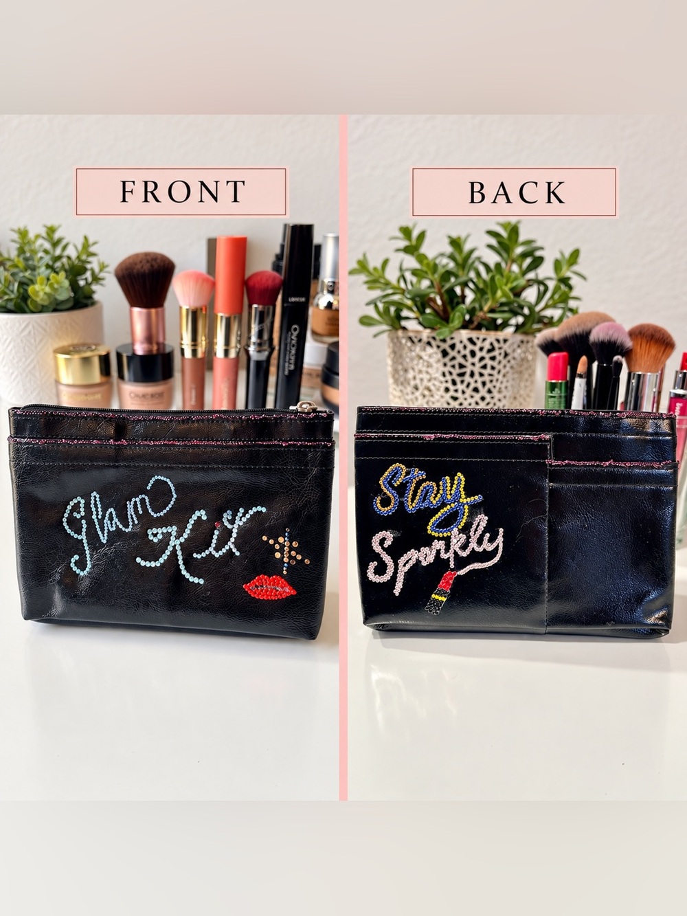 Custom Double-Sided Rhinestone Cosmetic Makeup Bag Glam Sparkle